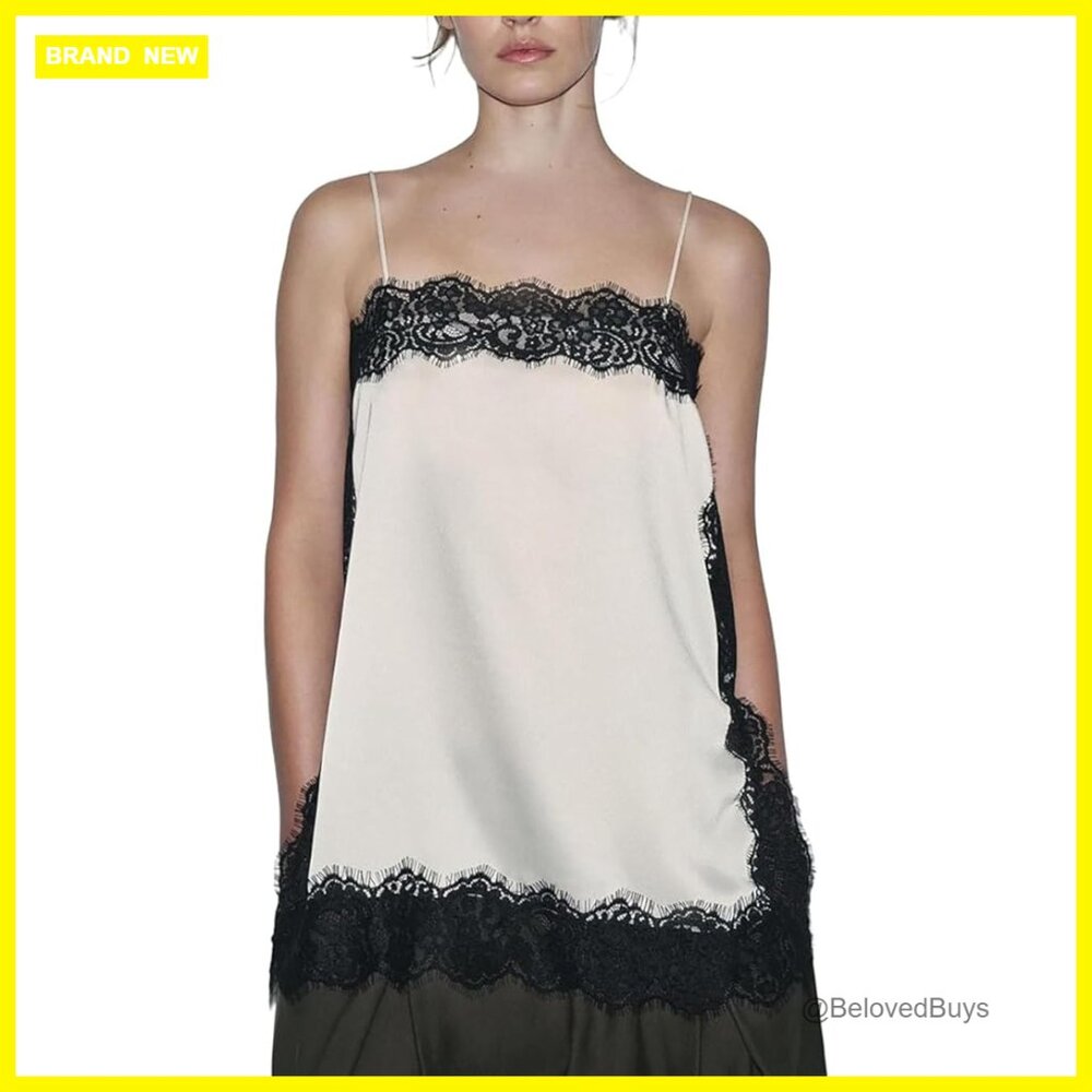 Satin Lace Patchwork Square Neck Spaghetti Strap … - image 1